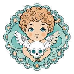 Cherub holding a skull adorned with intricate floral patterns. Use a pastel color palette and include detailed flowers like roses and lilies wrapping around the skull and cherub