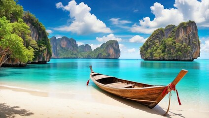 Obraz premium boat on the beach with nature look.