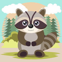 Cute cartoon raccoon in the forest, sitting happily on stylized grass.