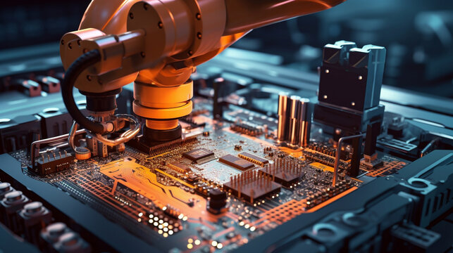Industrial robot instaling a CPU on a motherboard. Automation in Microchip Manufacturing