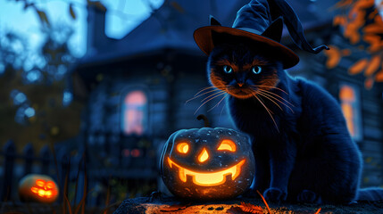 Black cat with witch hat and glow pumpkin against house background. Halloween event