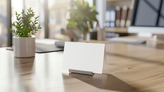 An empty business card mockup, displayed in a cardholder on a professional office desk