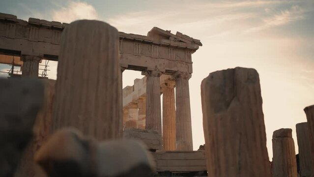 Ancient Greek ruins with a beautiful sunset view of the city