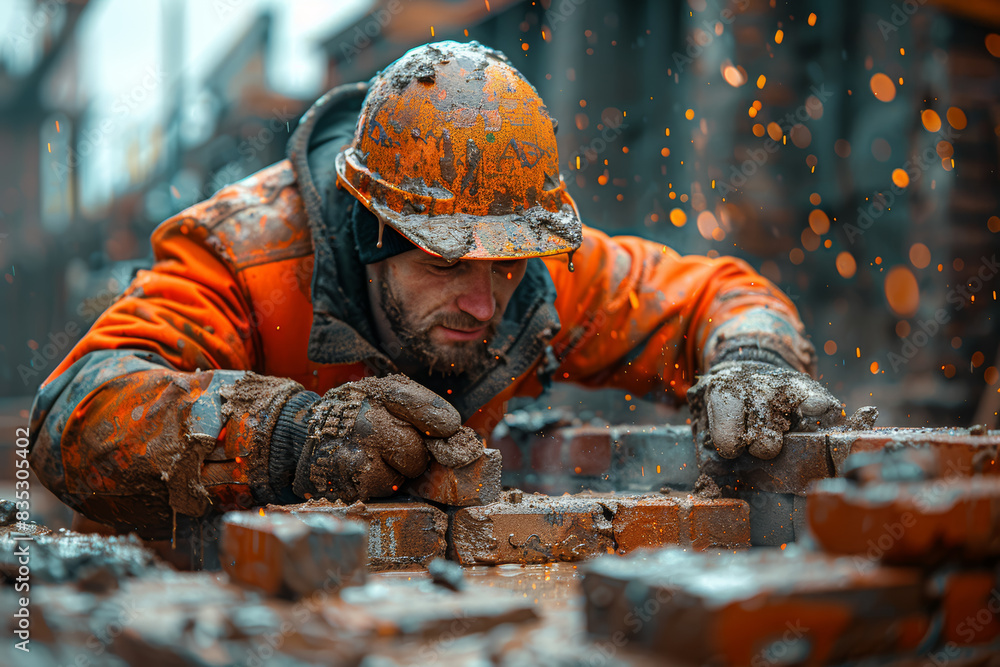 Poster a construction worker laying bricks for a new building. concept of development and labor. generative