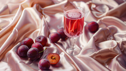  freshly squeezed plum juice in a crystal glass with whole plums and silk fabric backdrop