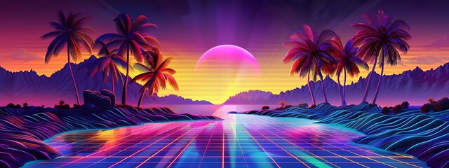 Naklejka premium neon palms mountains sun lines, futuristic synthwave sunset landscape, 80s 90s digital art style, abstract space planet wallpaper banner card