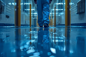 Fototapeta premium A janitor mopping the floor of an empty hallway. Concept of maintenance and cleanliness. Generative Ai.