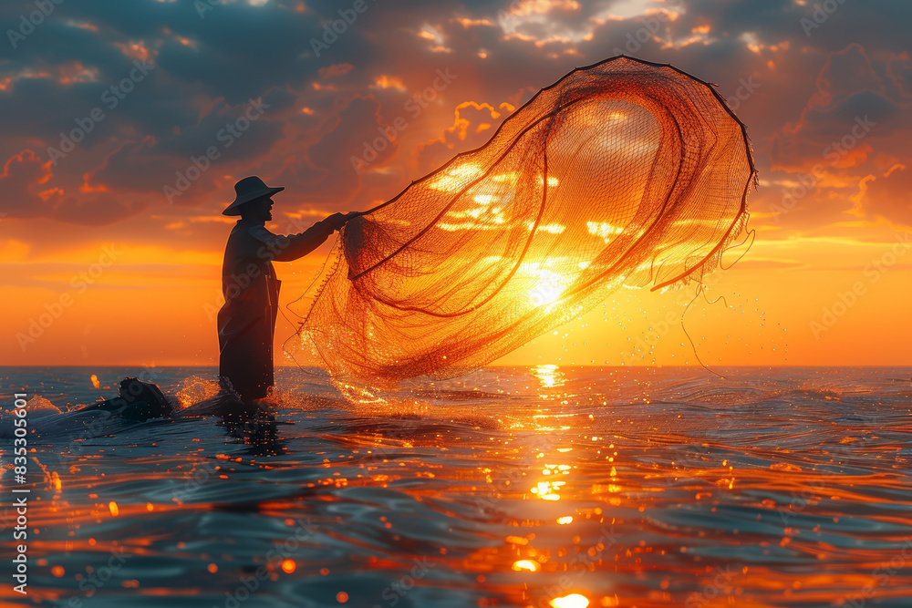 Poster a fisherman casting a net into the sea at dawn. concept of livelihood and patience. generative ai.