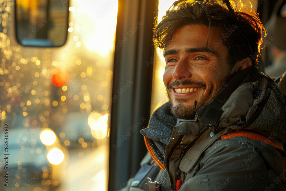 Poster a bus driver greeting passengers with a smile. concept of service and routine. generative ai.