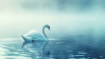Fototapeta premium Profile of a white swan on a blue misty lake