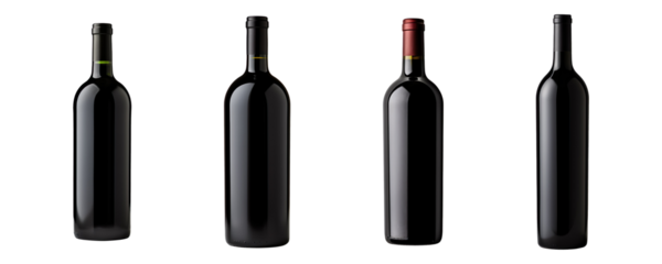 Collection set of black wine bottles isolated on transparent background
