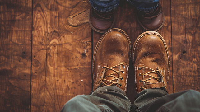 Father and son brown shoes on wooden background, with copy space.