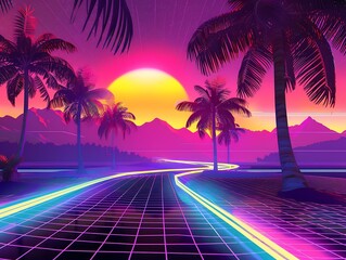 Naklejka premium neon palms mountains sun lines, futuristic synthwave sunset landscape, 80s 90s digital art style, abstract space planet wallpaper banner card