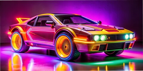 Purple background and futuristic car with neon and big wheels