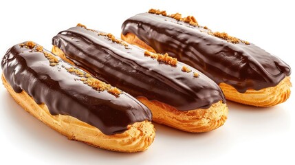 Three Chocolate Eclair pastries on white background