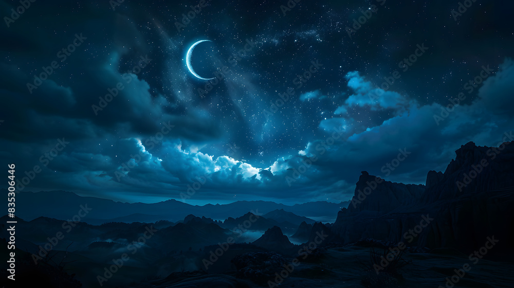 Wall mural beautiful night sky with crescent moon and clouds. night background. blue illumination light