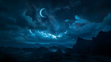 Beautiful night sky with crescent moon and clouds. Night background. Blue illumination light