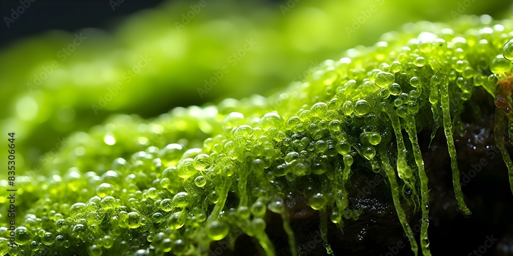 Poster exploring the diverse shapes and textures of green algae through macro photography. concept macro ph