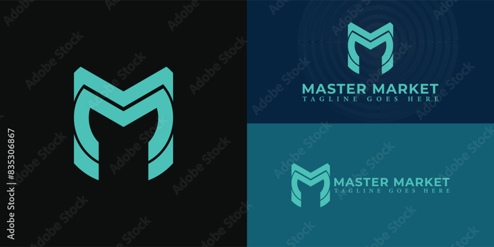 Poster abstract initial lines letter m or mm logo in blue color isolated on multiple background colors. the