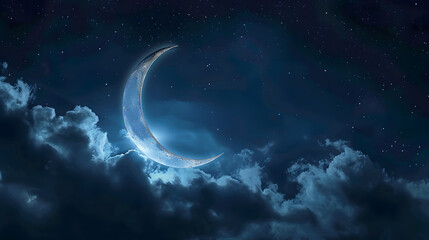 Fototapeta premium Beautiful night sky with crescent moon and clouds. Night background. Blue illumination light