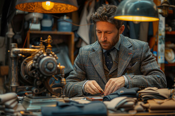 Obraz premium A tailor sewing a custom suit in a small shop. Concept of precision and craft. Generative Ai.