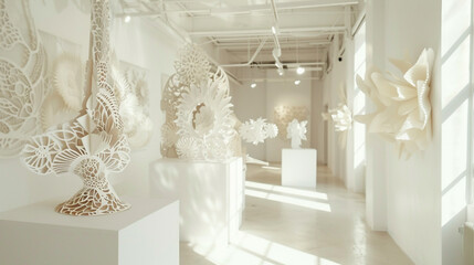 Minimalist Avant Art Gallery layout displaying intricate paper art in a bright, airy setting, highlighting detailed craftsmanship and innovative designs,