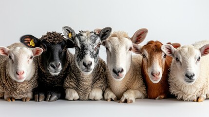 Row of sheep and goats with varied coats