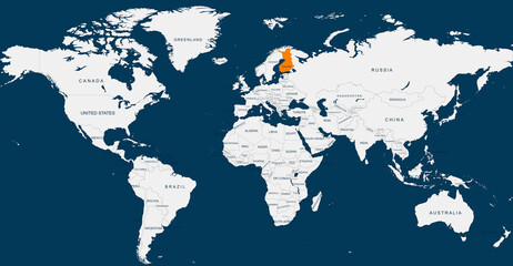 Finland map.Geographical map of Finland with world map highlighted.