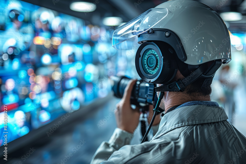 Poster a security guard monitoring cameras in a control room. concept of safety and vigilance. generative a
