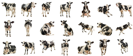 Set of black and white spotted cows in various poses isolated on white or transparent background, png clipart, design element. Easy to place object on any other background.