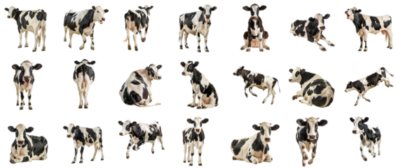 Set of black and white spotted cows in various poses isolated on white or transparent background, png clipart, design element. Easy to place object on any other background.