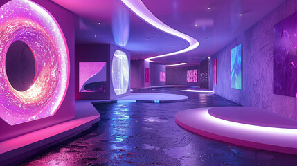 Modern Avant Art Gallery design with innovative sound art installations in an immersive, acoustic environment, blending auditory and visual experiences,