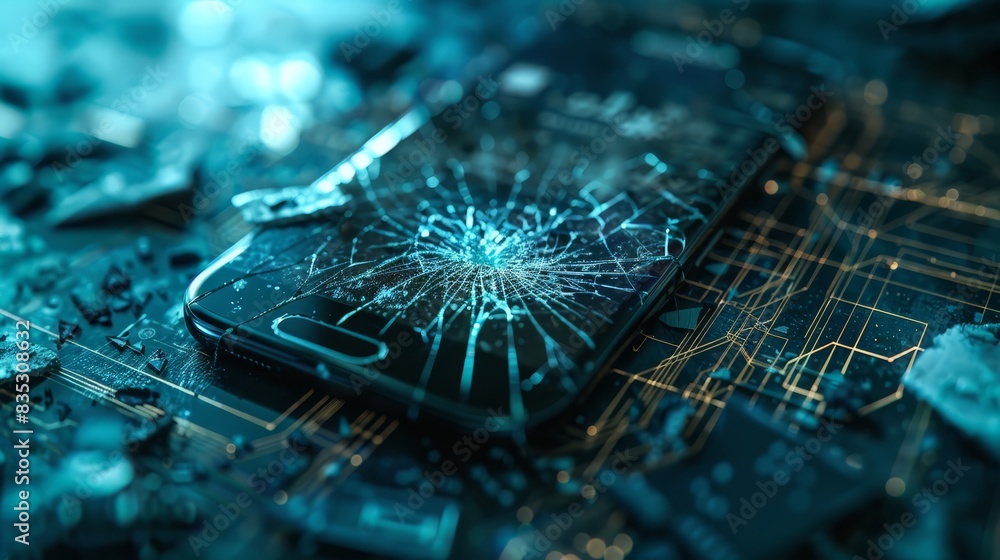 Poster dirty hacked smartphone with broken screen and static lines, symbolizing a cyber threat alert. perfe