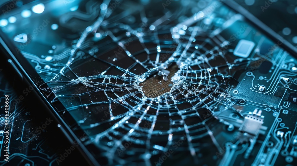 Poster dirty hacked smartphone with broken screen and static lines, symbolizing a cyber threat alert. perfe
