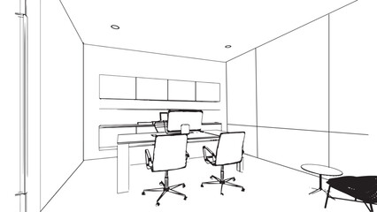 Line drawing of an executive office in a business office building,3d rendering