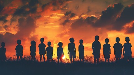 Fototapeta premium Silhouette of a group of refugee children. Themes of responsibility, worship, World Kids Day, prayer, hope, freedom, diversity, faith, World Refugee Day