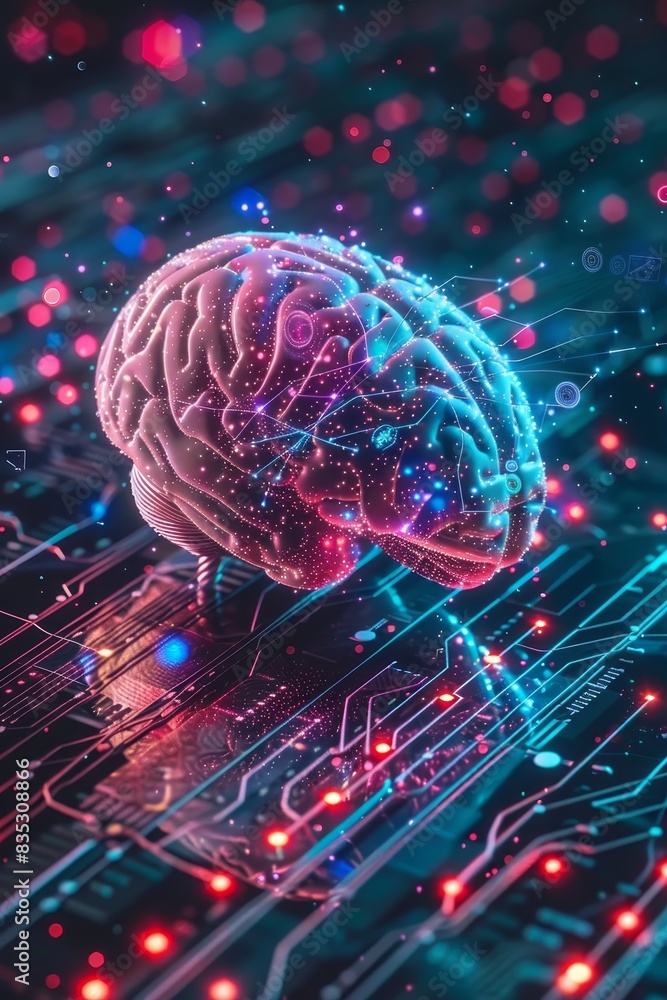 Poster modern technology concept: human brain on technology background represent artificial intelligence