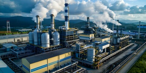 Eco-friendly industrial plant incorporating carbon capture technology to combat climate change. Concept Carbon Capture Technology, Eco-Friendly Plant Design, Climate Change Solution