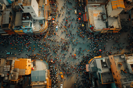 Crowd of people at the intersection bird's eye view