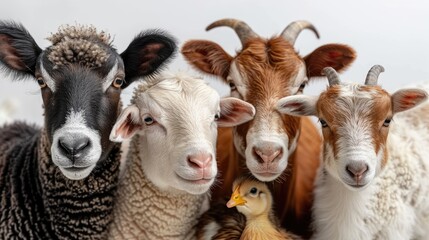 Fototapeta premium Goats and a duckling posing together, diversity
