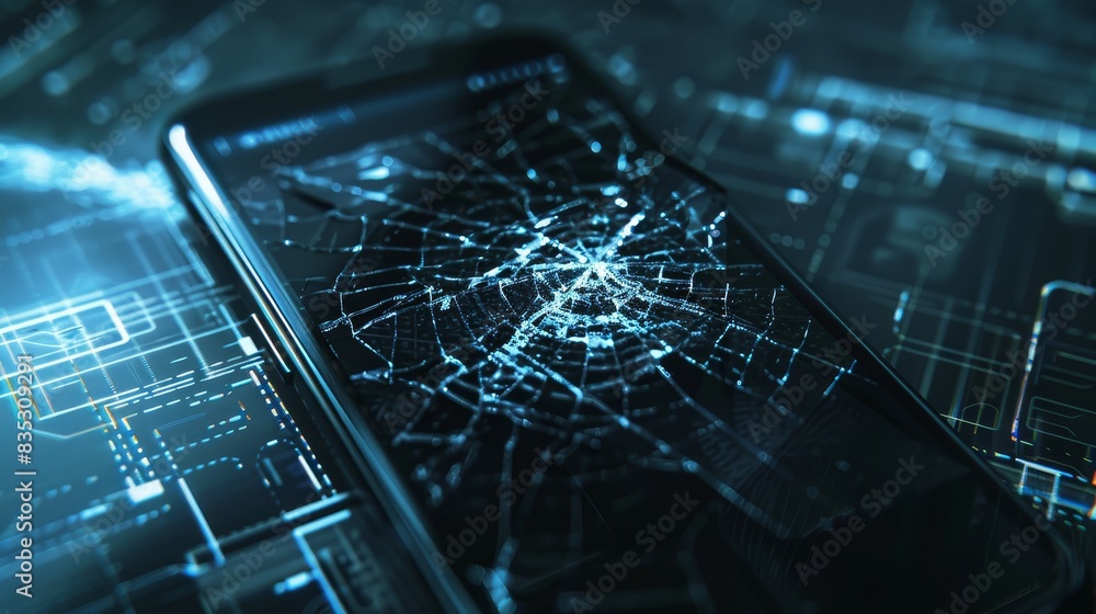 Poster compromised smartphone with a broken screen and static lines, highlighting the dangers of cyber thre