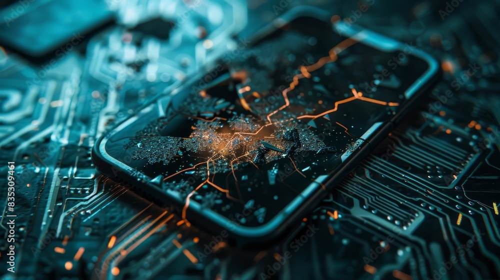 Poster cyber threat alert depicted with a dirty, broken smartphone screen displaying static lines. ideal fo