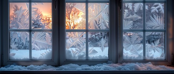 Fototapeta premium Beautiful Winter Frost on Windowpane with Sunrise Light, Nature Background, Icy Patterns, Cold Season, Seasonal Weather, Cool Temperatures, Frosty Glass, Wintertime Scene Image