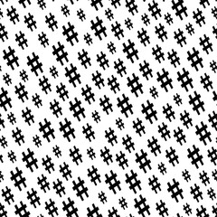 Hand-drawn sharp key signature music symbols diagonally arranged in vector seamless pattern. Surface art texture in black and white for use in fabric or graphic design or printing on various surfaces.
