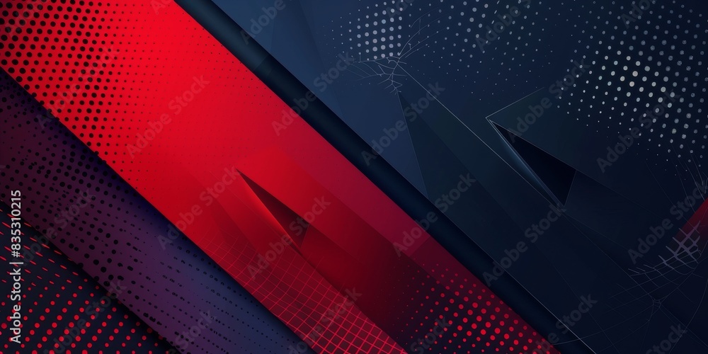 Poster red and blue gradient background with geometric patterns, a dark navy color scheme in the style of d