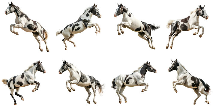 Set of pinto horses jumping in the air isolated on white or transparent background, png clipart, design element. Easy to place on any other background.