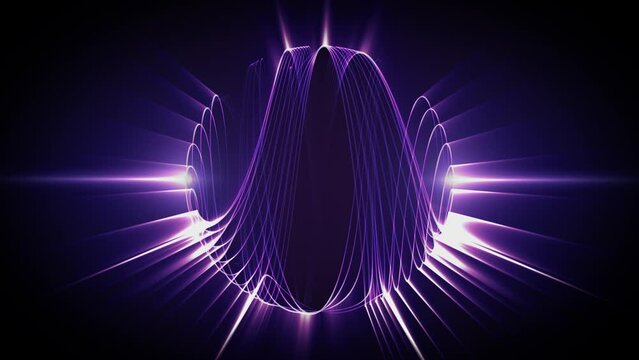 Ethereal string sphere with bright purple light and shiny energy rays. Seamless looped animation of atom, molecule, astral structure or spherical field for science, esoteric and technology. VJ loop 4k