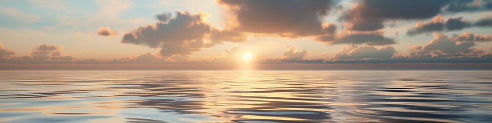 Obraz premium In the tranquil embrace of nature, the sun sets over the sea, casting a golden glow upon the horizon, painting the sky with hues of orange and blue.