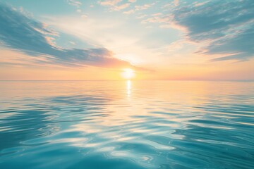 Fototapeta premium The sky meets the water in a stunning sunset, bathing the horizon in golden sunlight.