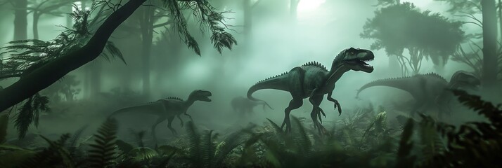 In the prehistoric forest, dangerous dinosaurs, like the mighty Tyrannosaurus, roamed, dominating the ancient landscape.